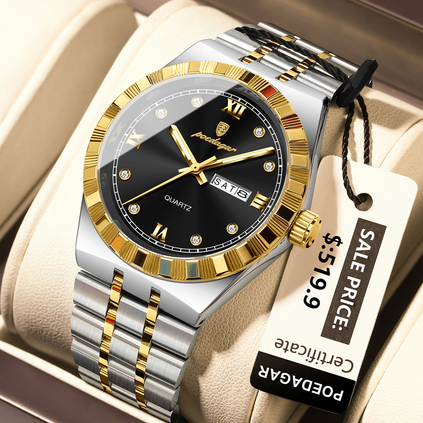 Diamond Dial Calendar Display Men Wristwatch