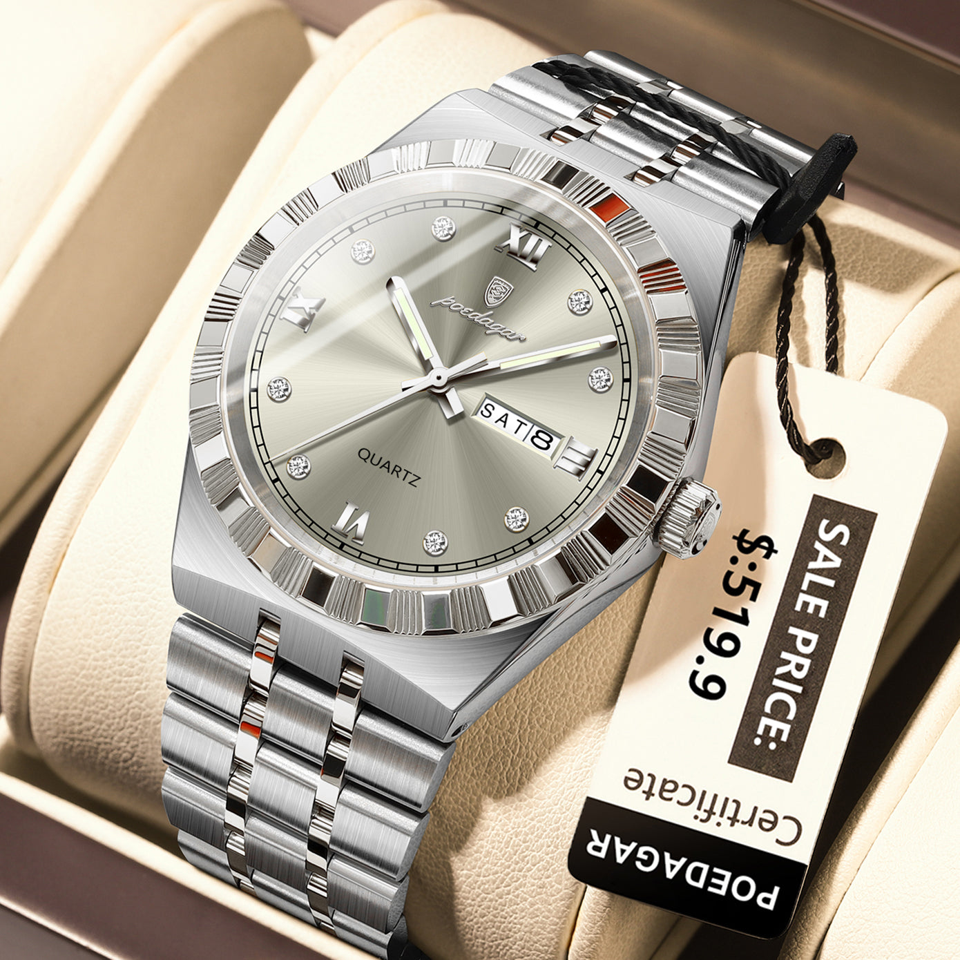 Diamond Dial Calendar Display Men Wristwatch