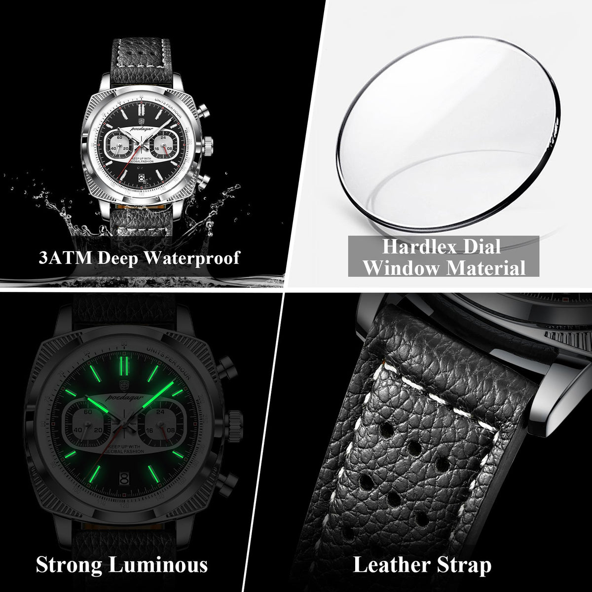 Poedagar Leather Strap Chronograph Men Watch