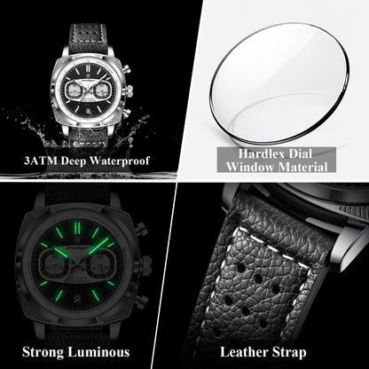 Poedagar Leather Strap Chronograph Men Watch
