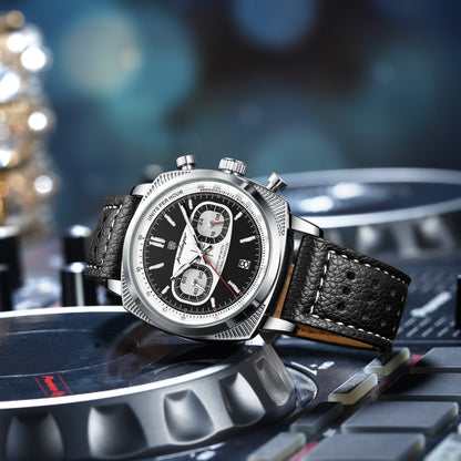 Poedagar Leather Strap Chronograph Men Watch